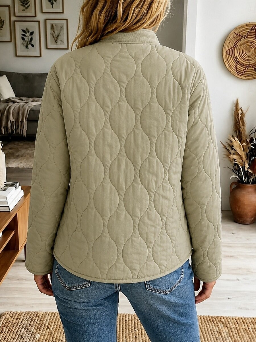 Women's Stand Collar Quilted Jacket, Leopard Print Cuff Reversible Lightweight Button Down Coat