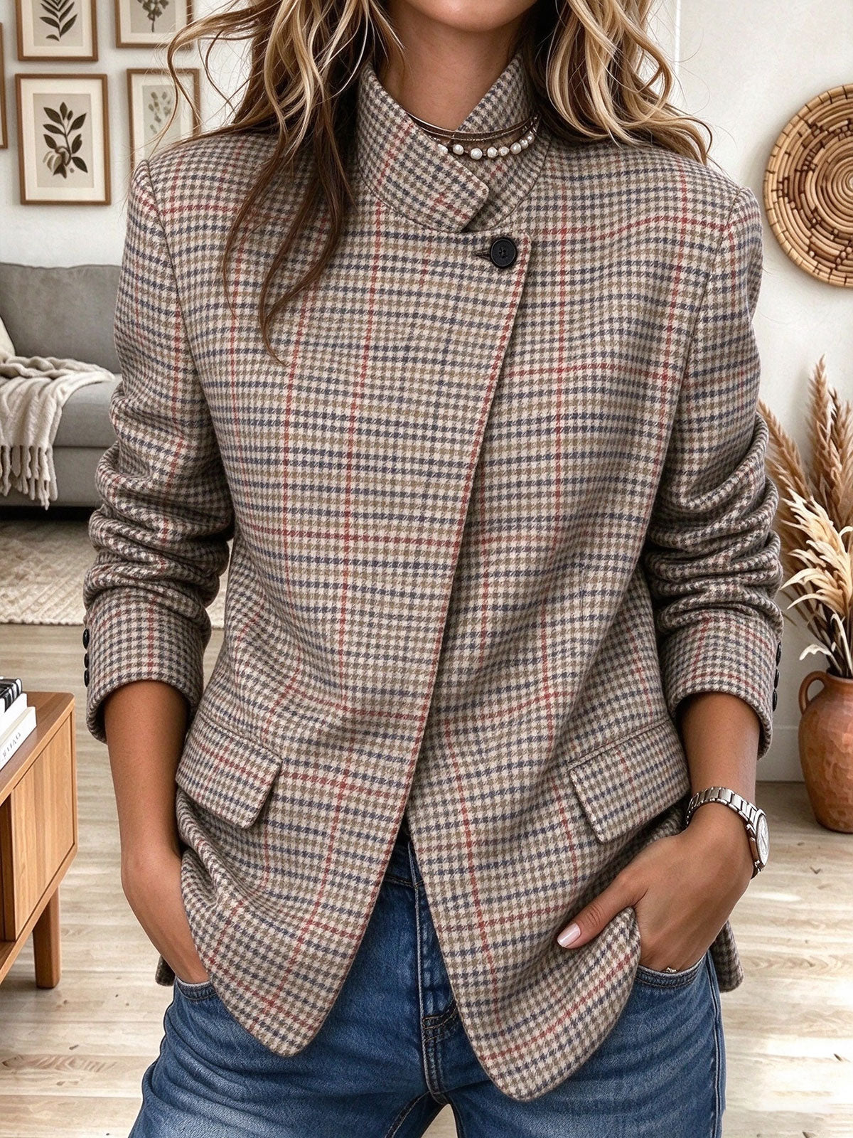 Women's Beige Plaid Asymmetric Winter Jacket with Stand Collar