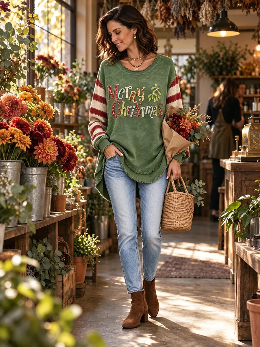 Women's Retro Christmas Print Frayed Edge Top