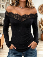 Women's Black Off-The-Shoulder Long Sleeve Top with Scalloped Lace Trim and Shimmer Detailing