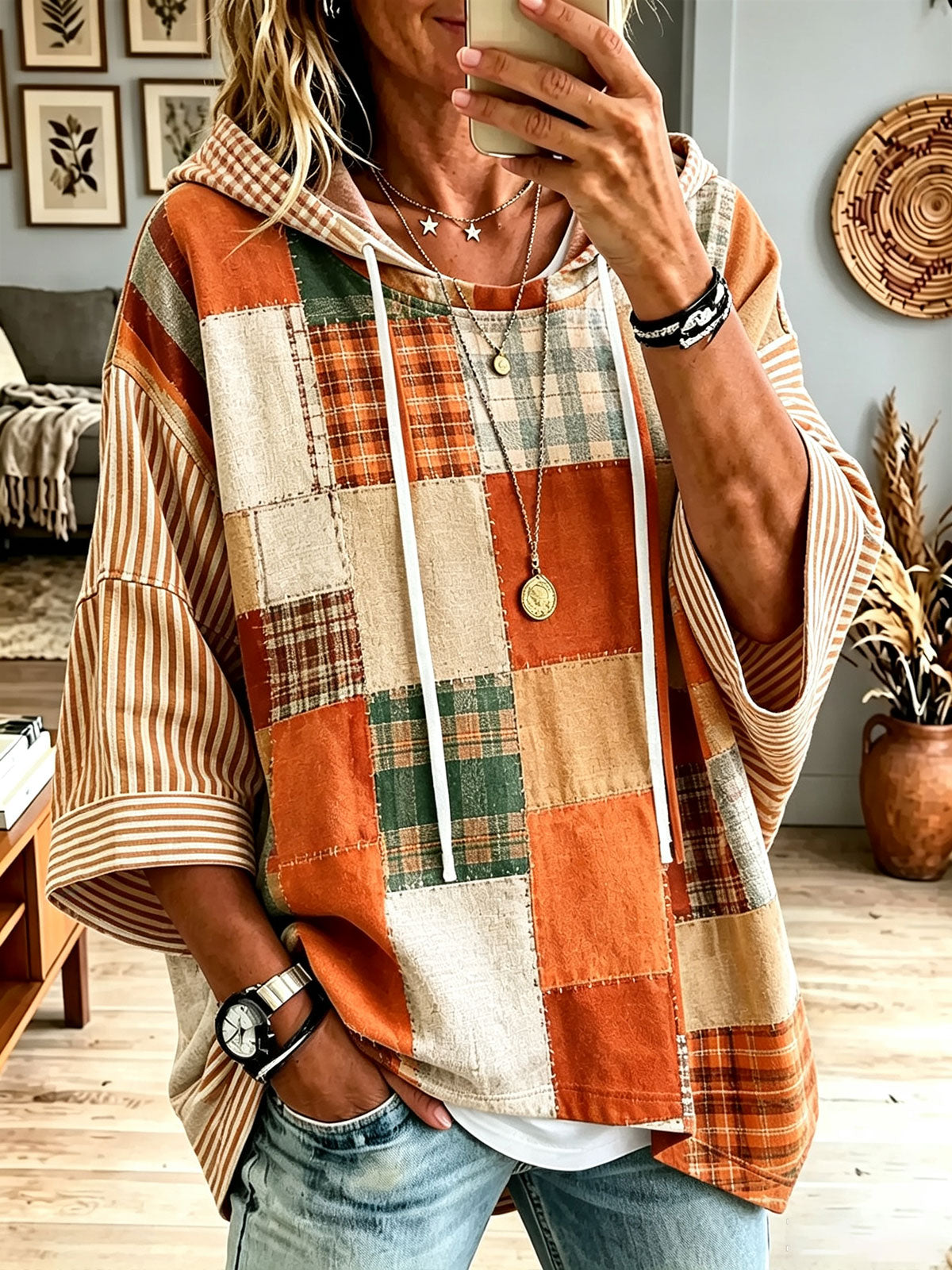 Women Fall Patchwork Plaid Hooded Dolman Sleeve Loose Top