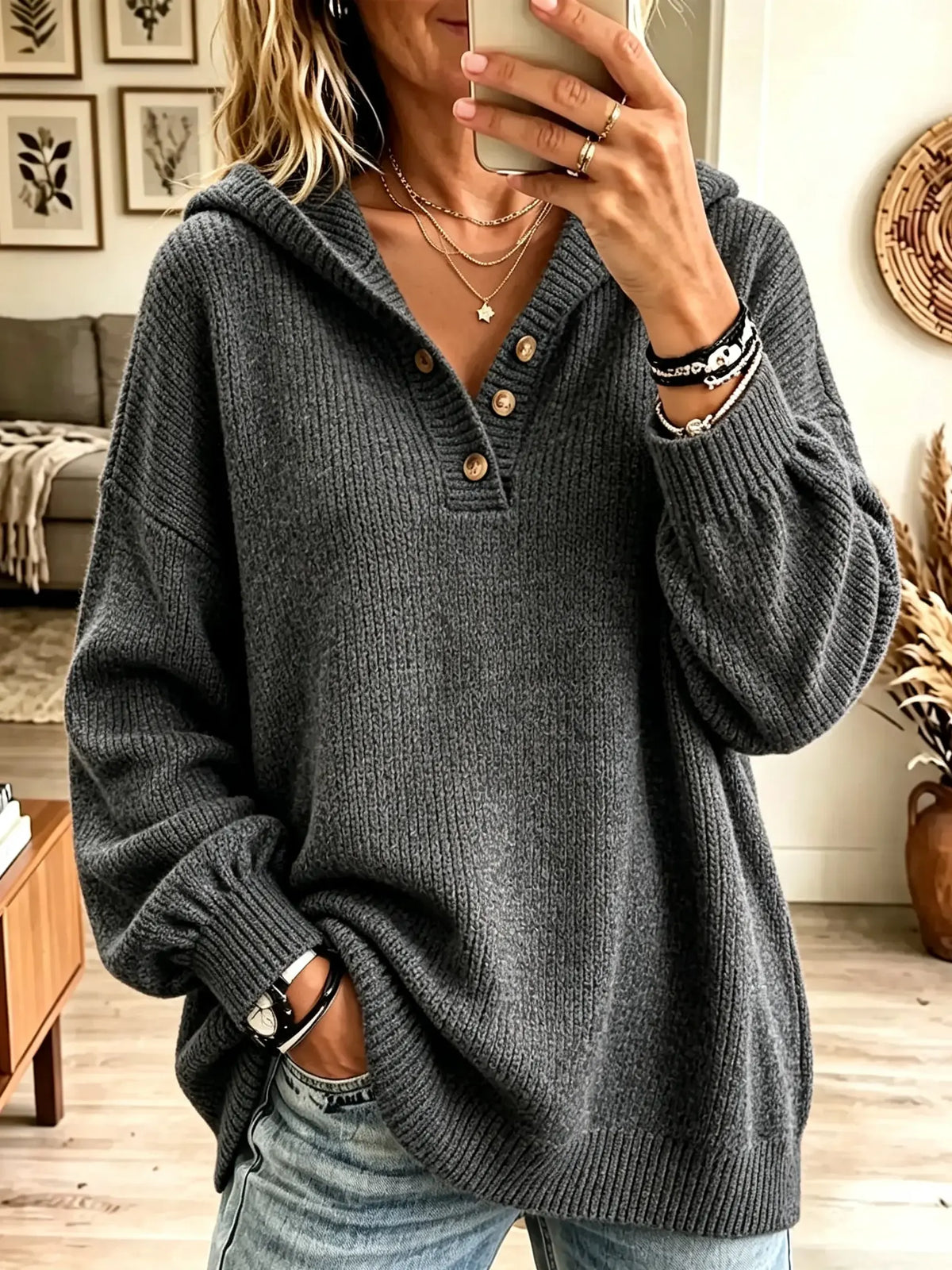 Women's Button Henley Hooded Knit Sweater