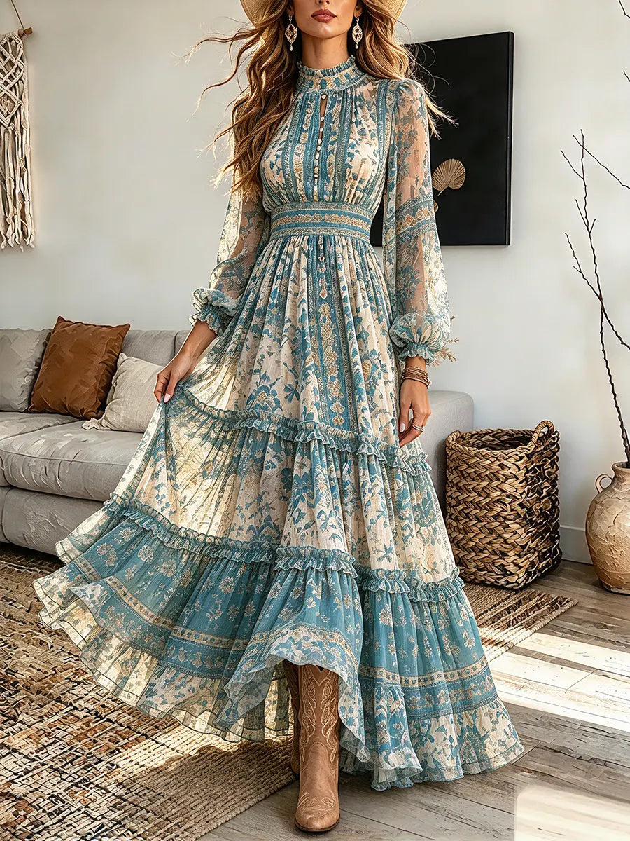 Vintage Elegant Chiffon Floral Ruffles Dress