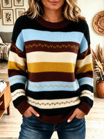Women's Retro Color Block Striped Fair Isle Knit Sweater Crew Neck Long Sleeve Pullover