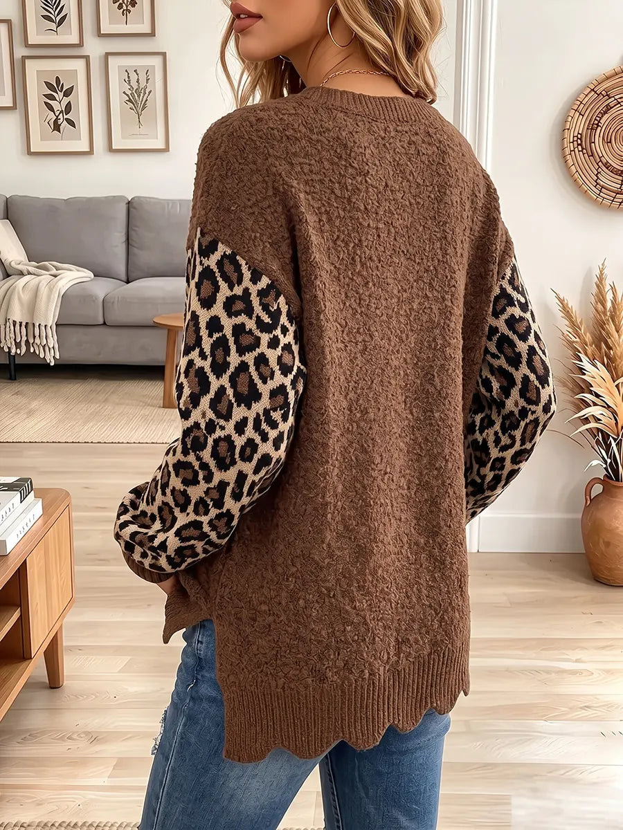 Vintage Elegant Leopard Wavy-edged Trim Knit Sweater