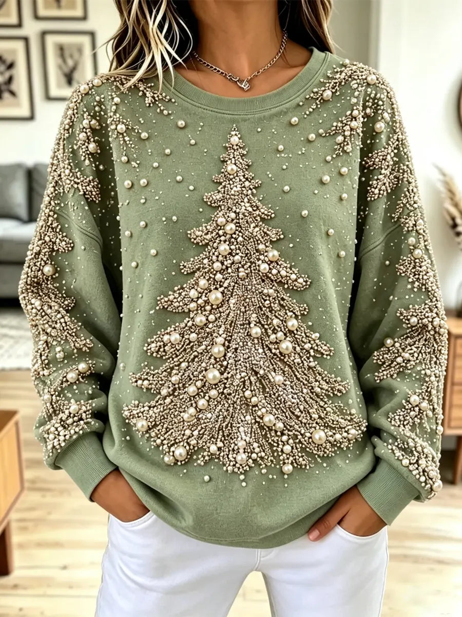 Vintage Christmas tree pearl Pattern Art Casual Stylish Long Sleeve Sweatshirt