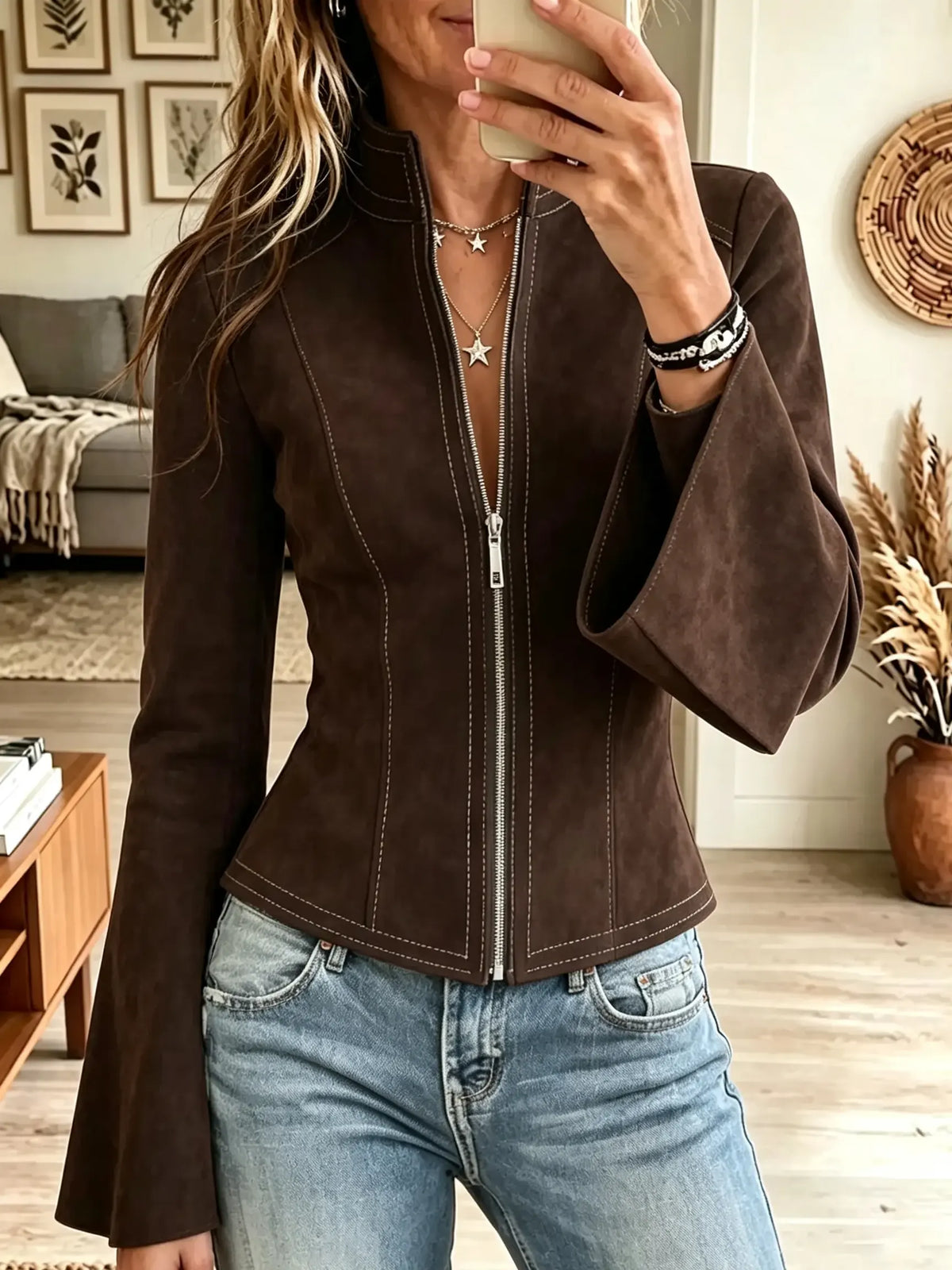 Women's Bell Sleeve Full-Zip Suede Jacket