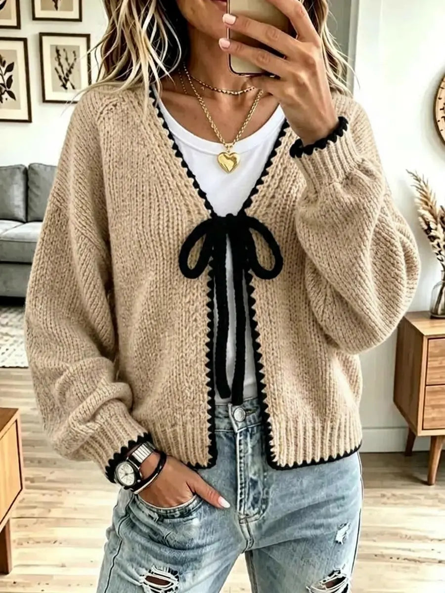 Vintage Bow Contrast Knit Art Casual Stylish Long Sleeve Cardigan Sweater