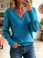 Women's Contrast Collar Ribbed Knit Top, White Trim V Neck Long Sleeve Blouse