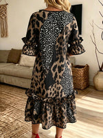 Women Leopard Print Ruffle Bell Sleeve Midi Dress With Side Pockets
