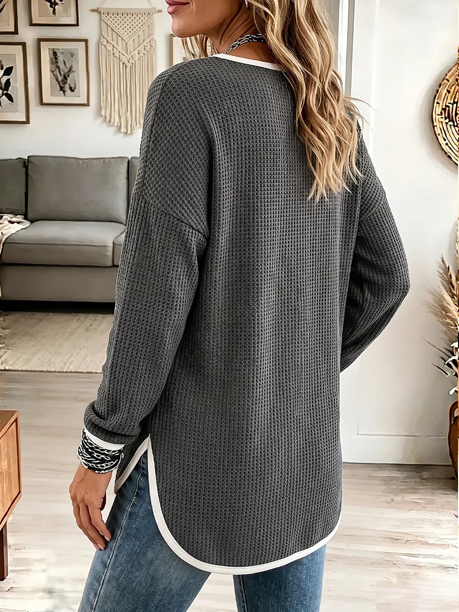 Vintage Elegant Button Waffle Knit Contrasting Edging Shirt
