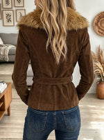 Women's Faux Fur Collar Belted Suede Coat