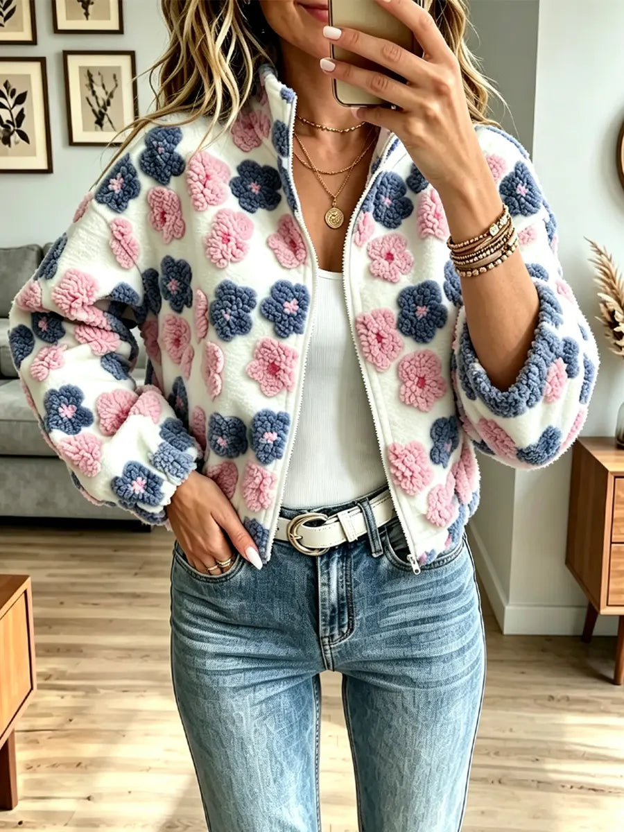 Retro Fuzzy Warm Floral Pattern Zip Art Casual Stylish Long Sleeve Coat