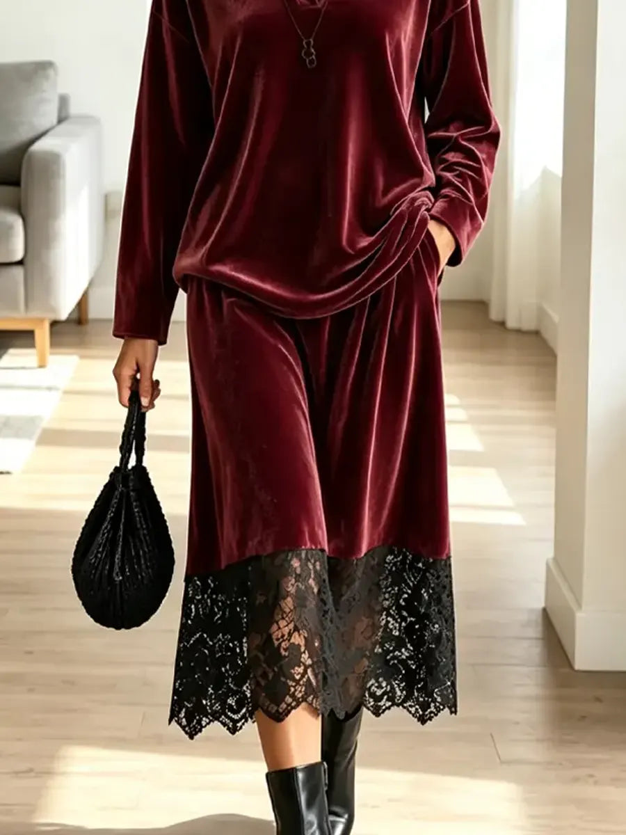 Retro Elegant Velvet Lace Art Casual Stylish Long Sleeve Shirt And Skirt Two-piece Set
