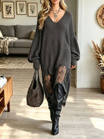 Women's Oversized V Neck Distressed Knit Tunic Dress, Hollow Crochet Asymmetric Hem Sweater Dress