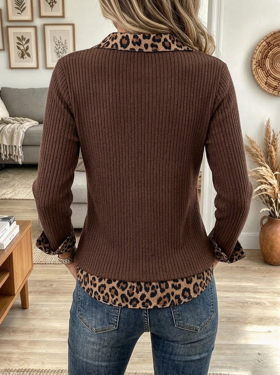 Women's Leopard Collar Trim Ribbed Top