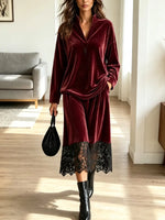 Retro Elegant Velvet Lace Art Casual Stylish Long Sleeve Shirt And Skirt Two-piece Set