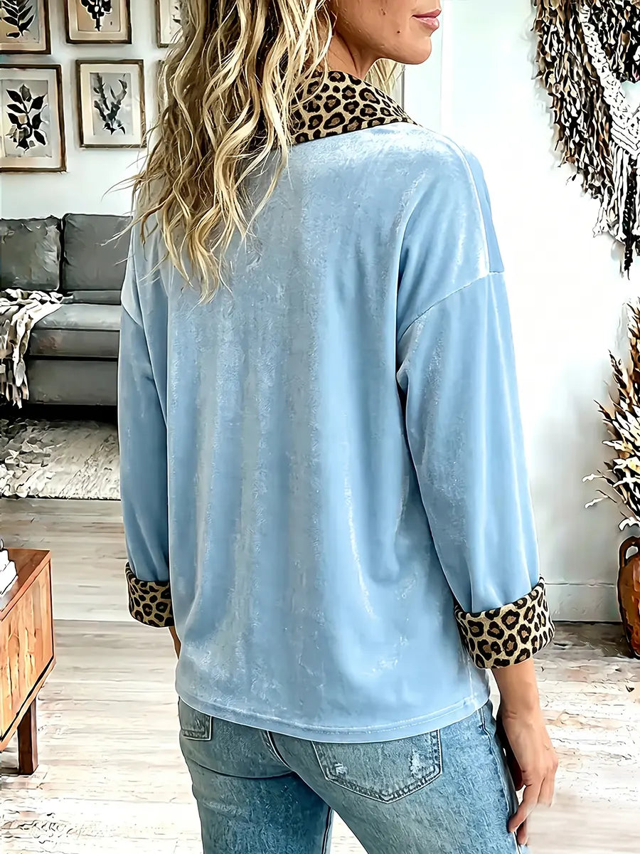 Vintage Elegant Leopard Print Patchwork Velvet Turtleneck Shirt