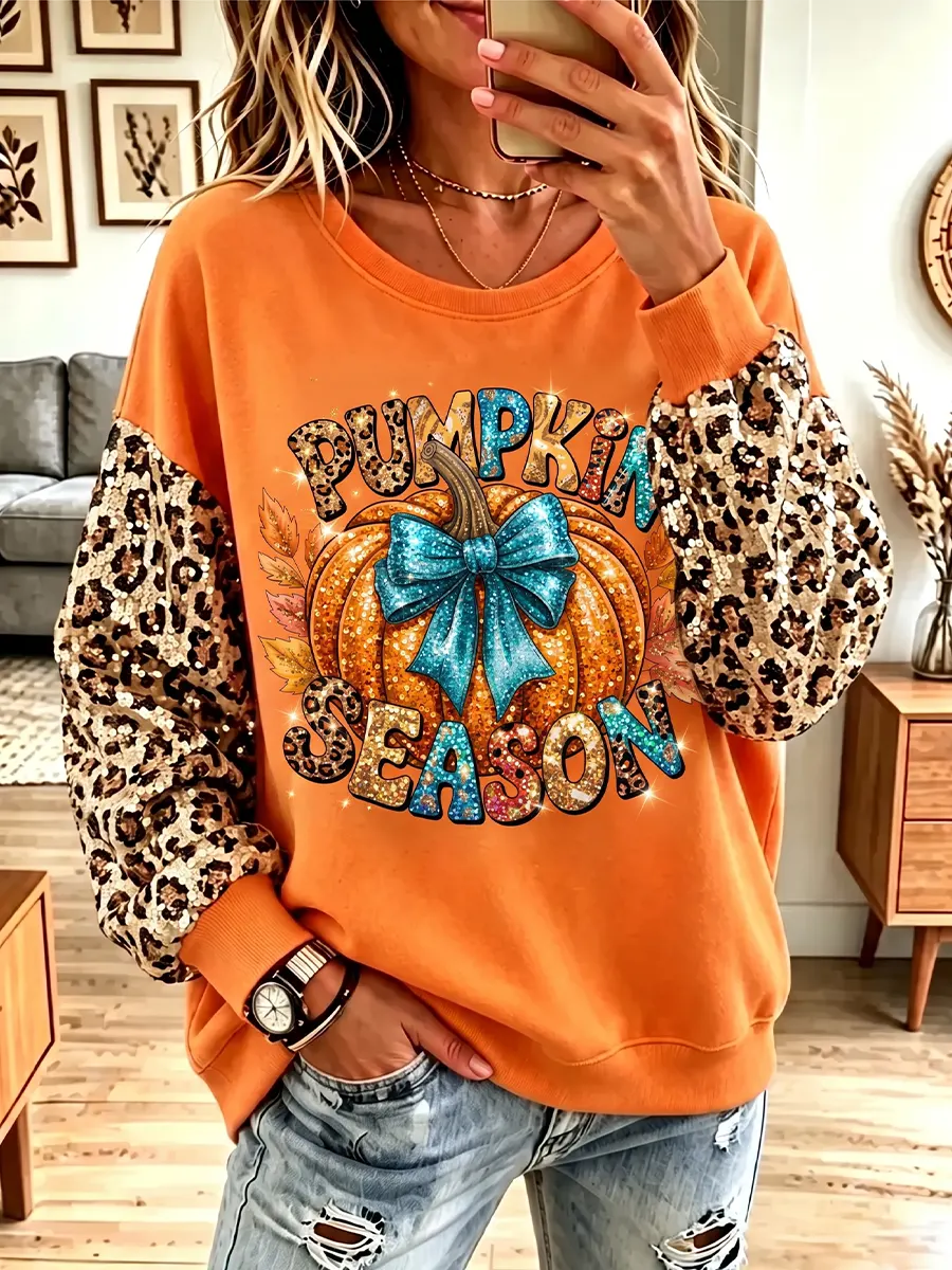 Vintage Elegant Sparkling Halloween Pumpkin Leopard Print Sweatshirt
