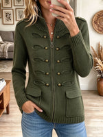 Women's Olive Green Military Zip-Up Knit Cardigan with Frogging Details
