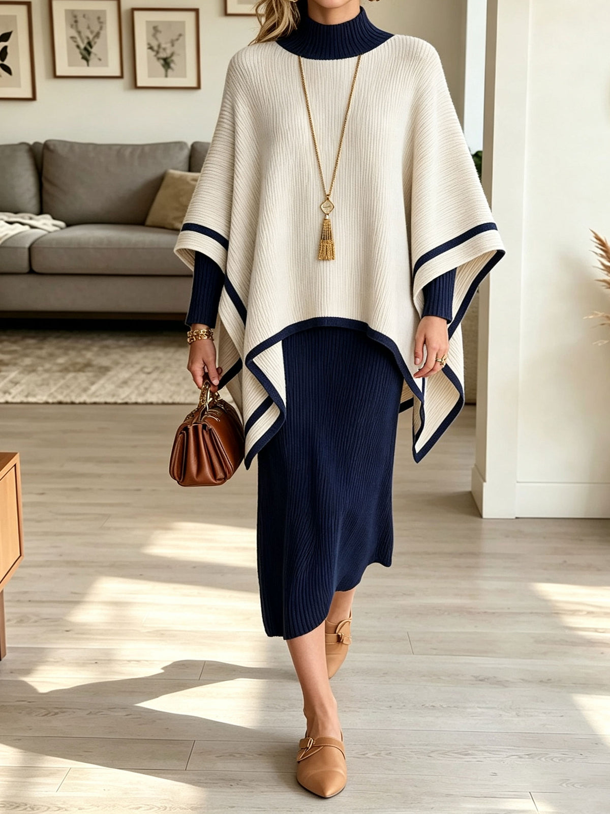 Women's Colorblock Poncho Cape Knit Dress Set, Turtleneck Wide Sleeve Two Piece Outfit