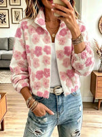 Retro Fuzzy Warm Floral Pattern Zip Art Casual Stylish Long Sleeve Coat