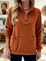 Women's Half Zip Fleece Pullover, Triangle Zipper Pocket Long Sleeve Casual Sweatshirt