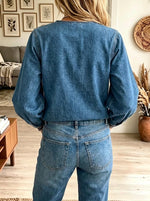 Women's Asymmetrical Gold Button Denim Blouse