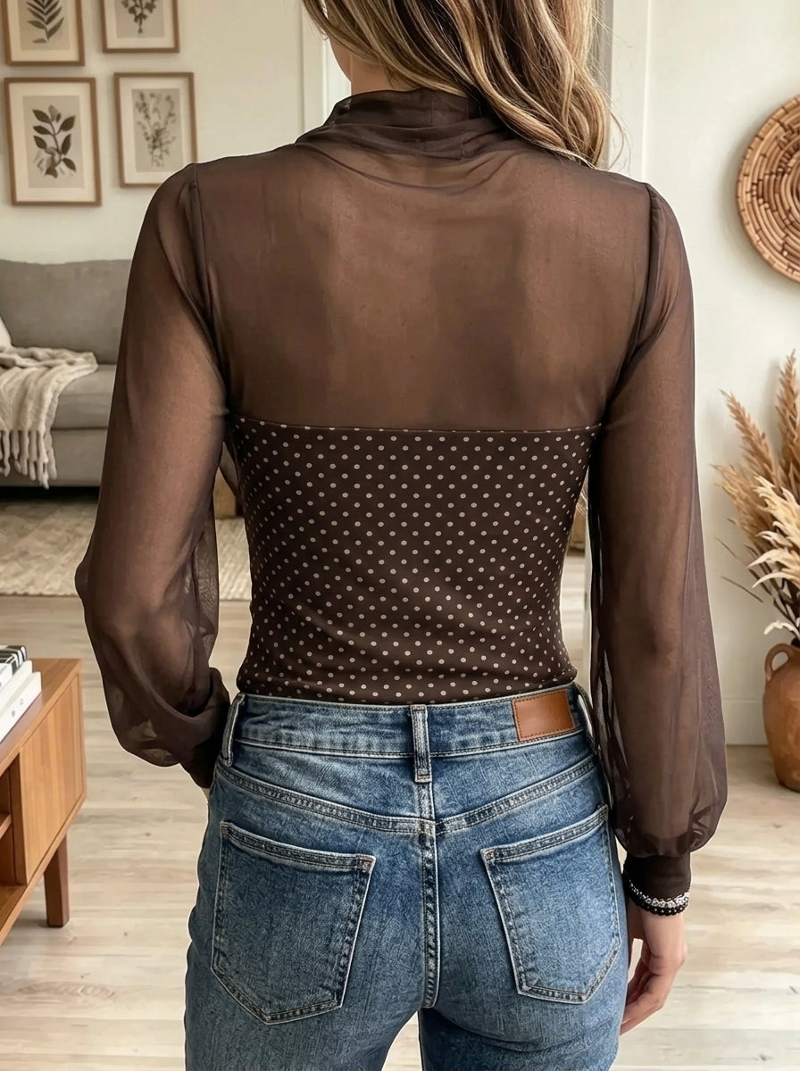 Women's Mesh Polka Dot Cowl Neck Top