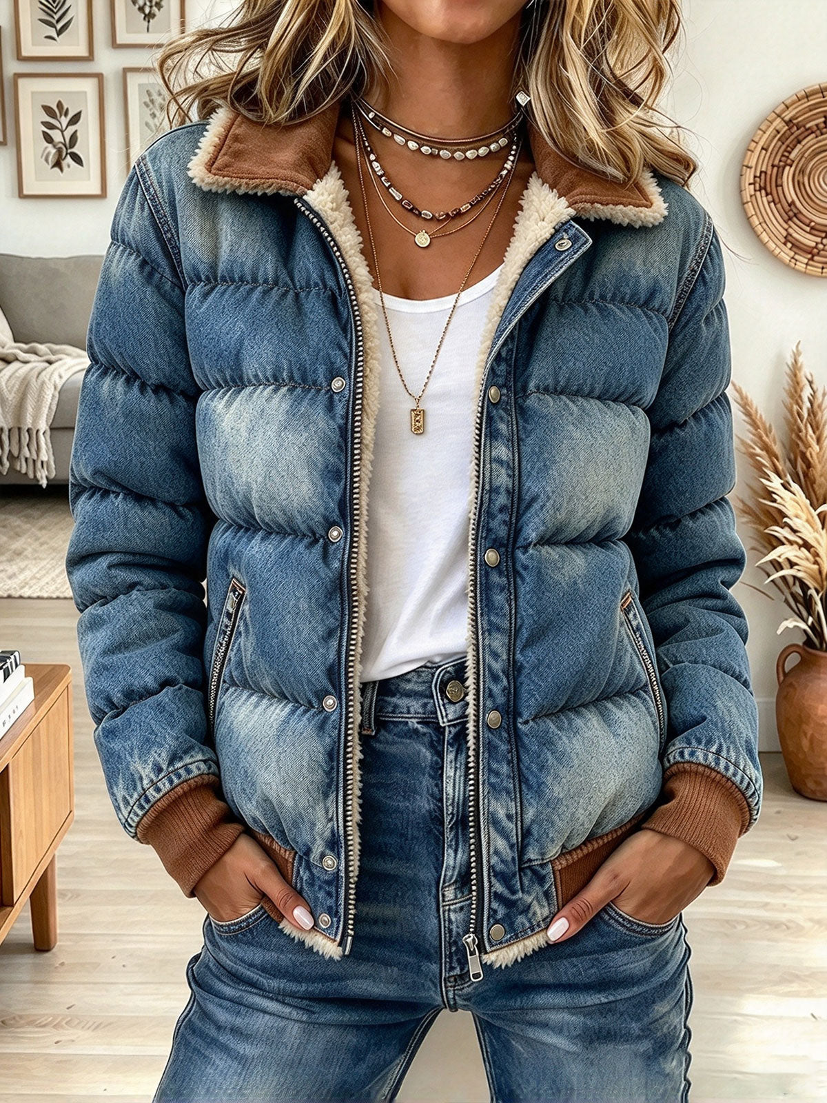 Women's Vintage Wash Denim Puffer Jacket with Faux Shearling Lining