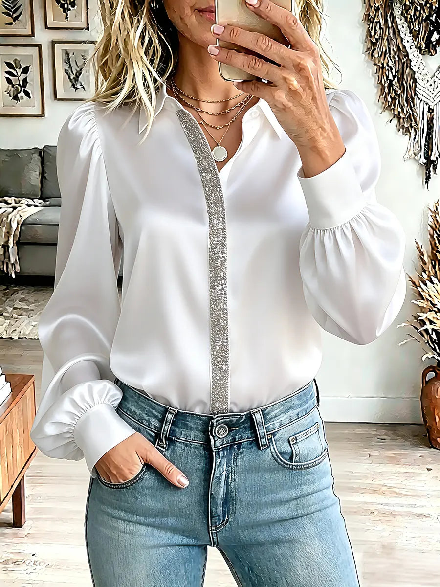 Women's Vintage Elegant Satin Spliced with Sequins Shirt