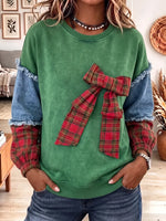 Vintage Elegant Plaid Patchwork Denim Sweatshirt