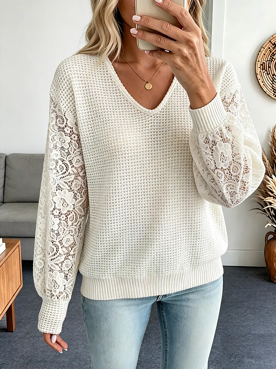 Vintage Elegant Waffle Patchwork Cut-out Lace Shirt