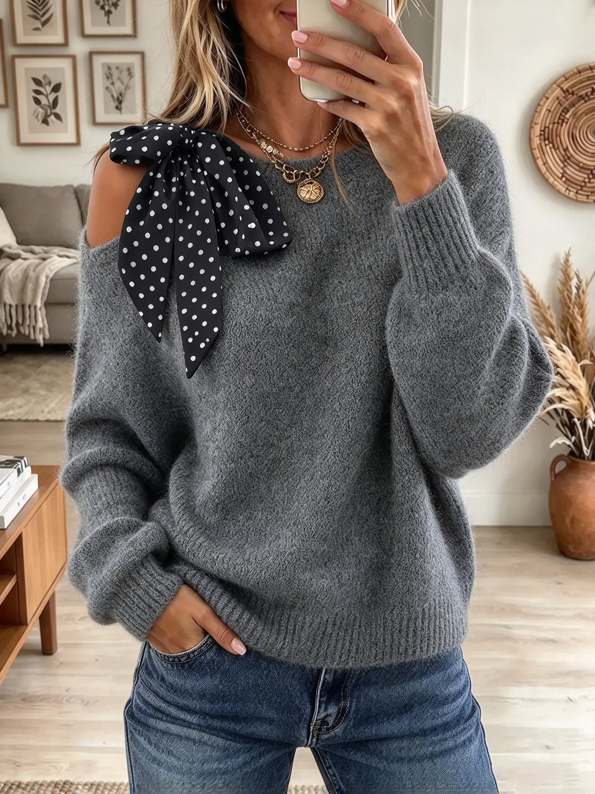 Women's Polka Dot Bow Off-the-Shoulder Sweater