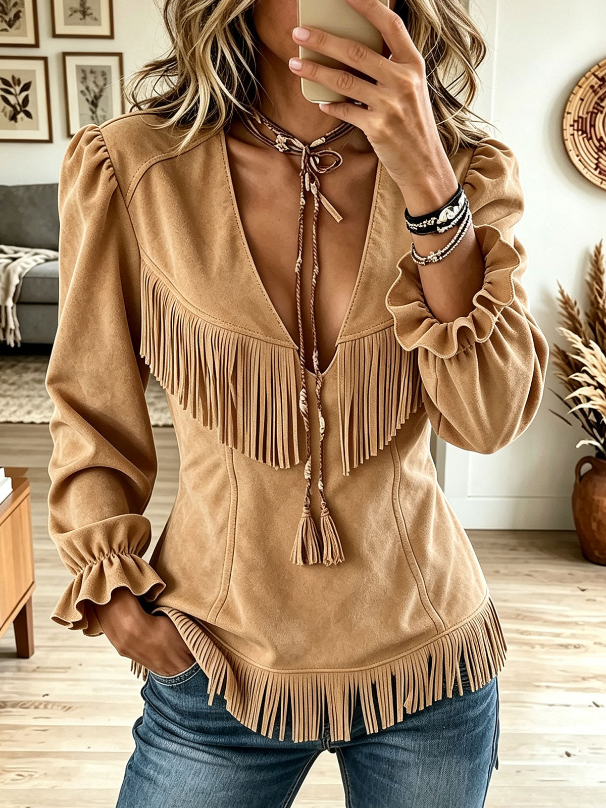 Women Western Faux Suede Fringe V Neck Tie Ruffle Long Sleeve Top