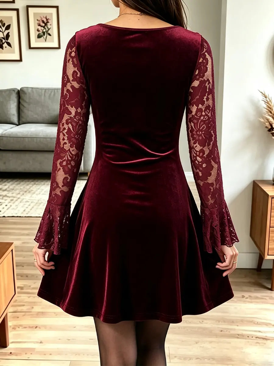 Vintage Lace Patchwork Art Casual Stylish Long Sleeve Mini Velvet Dress