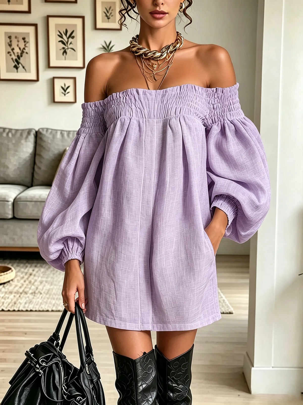 Women's Off-the-Shoulder Smocked Balloon Sleeve Mini Dress