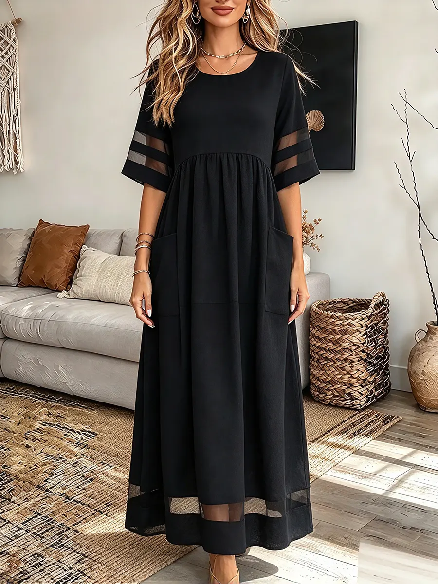 Vintage Elegant Cotton Blend Patchwork Sheer Mesh Dress