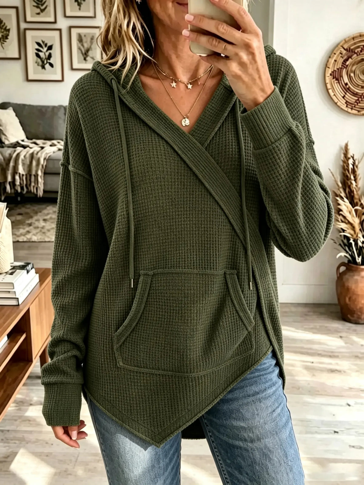 Women's Asymmetrical Cross Front Waffle Knit Hoodie