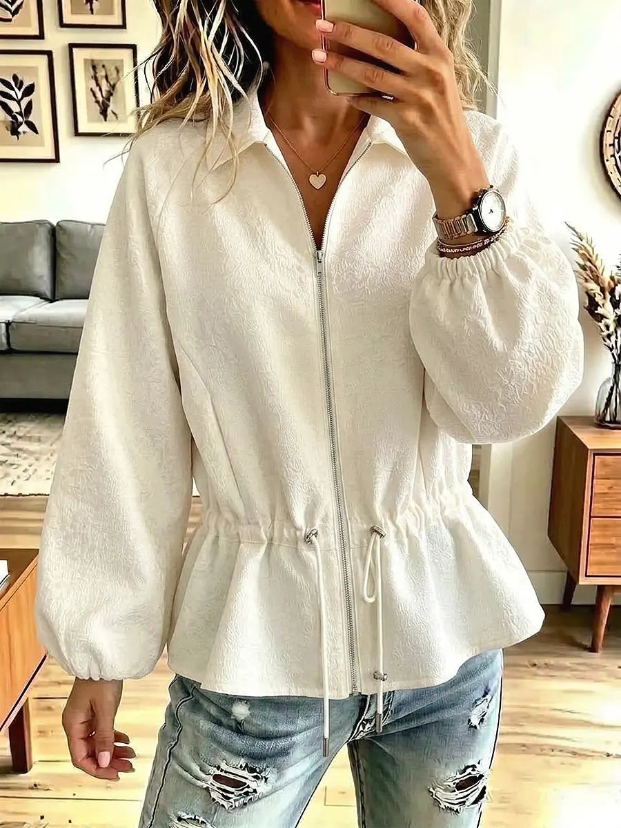 Retro Floral Pattern Lapel Zip Drawstring Waist Art Casual Stylish Long Sleeve Coat