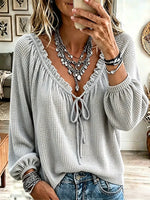 Women's Vintage Elegant Waffle Drawstring Tie Shirt