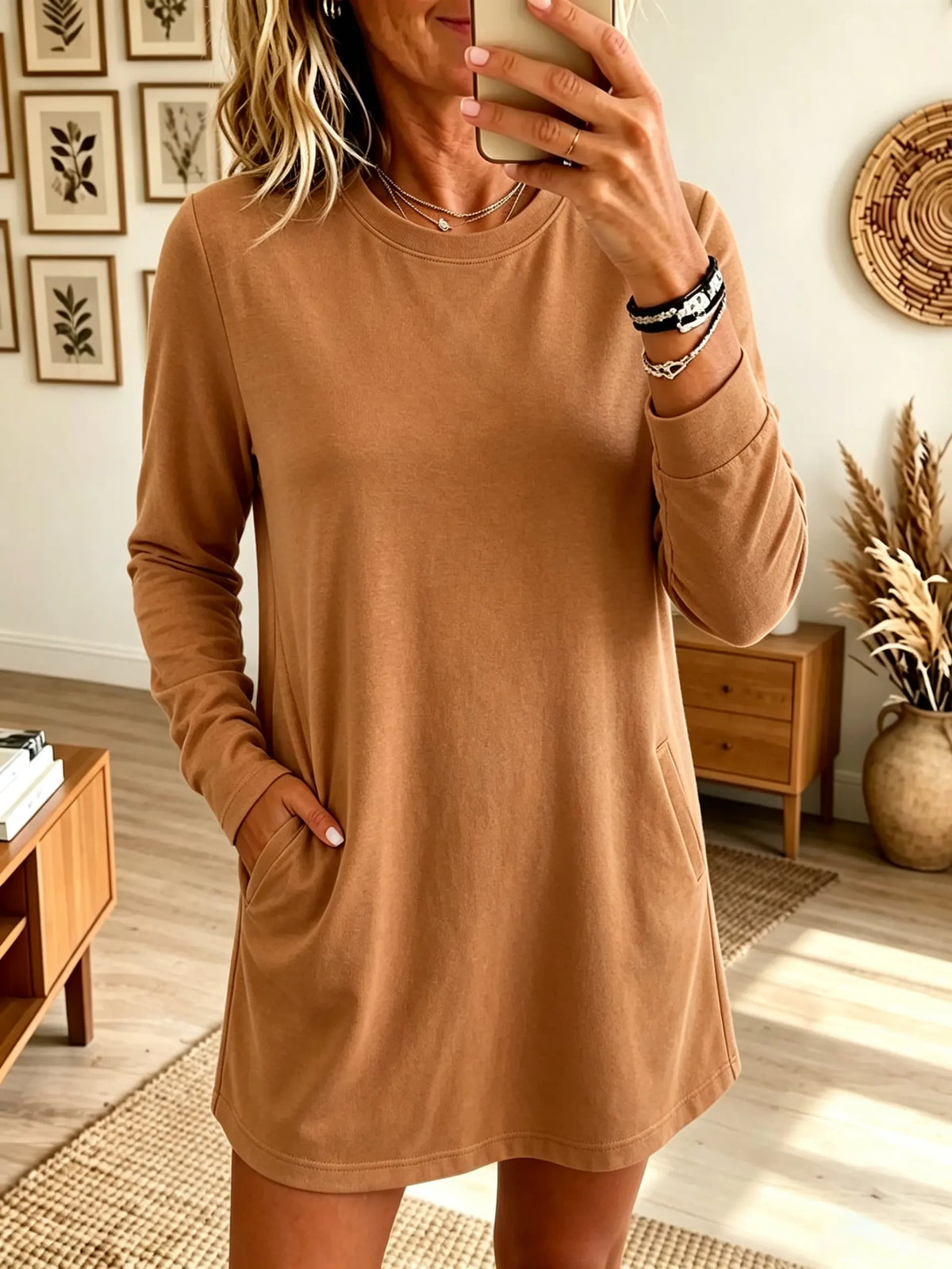 Women's Long-Sleeve Crewneck Fleece Tunic Sweatshirt Dress