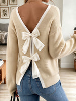 Women's Beige Knit Sweater with Open Back V-Neck and Dual Chiffon Bows
