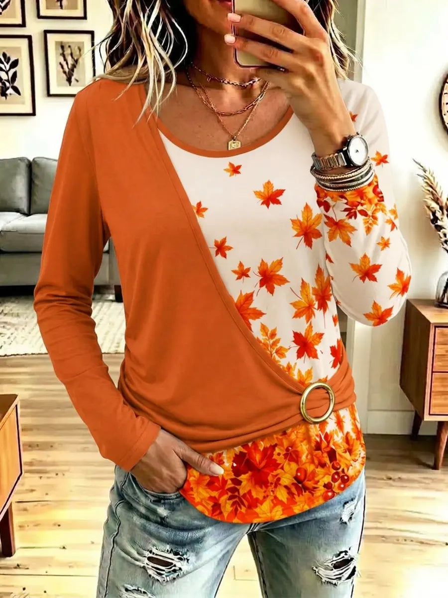 Vintage Autumn Maple Pattern Art Casual Stylish Long Sleeve Top