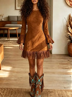 Women's Suede Tassel Waist-drawstring Ruffle Sleeve Dress