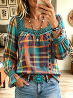 Women's Plaid Lace Square Neck Blouse, Puff Long Sleeve Button Down Western Casual Top