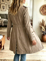 Women Khaki Faux Suede Double Breasted Military Style Long Coat