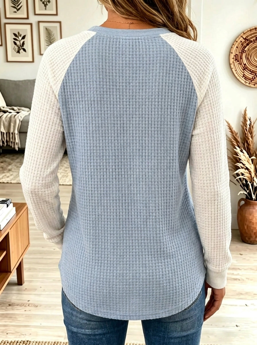 Women's Two-Tone Raglan Sleeve Waffle Knit Top