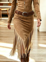 Vintage Western Fringe Art Zip Casual Stylish Long Sleeve Dress