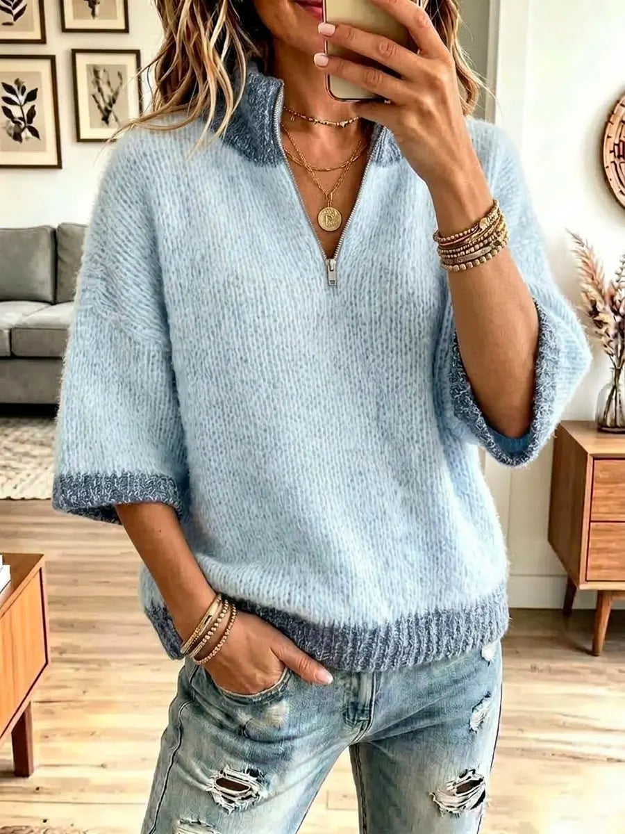 Vintage Zip Stand Collar Knit Art Casual Stylish 3/4 Sleeve Sweater